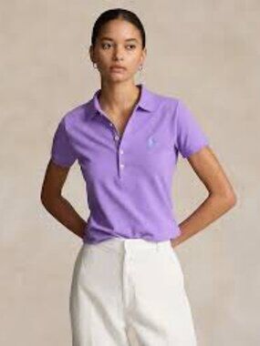 Polo Ralph Lauren Pink Polo with Green Pony Logo Slim Fit Stretch Polo PINK